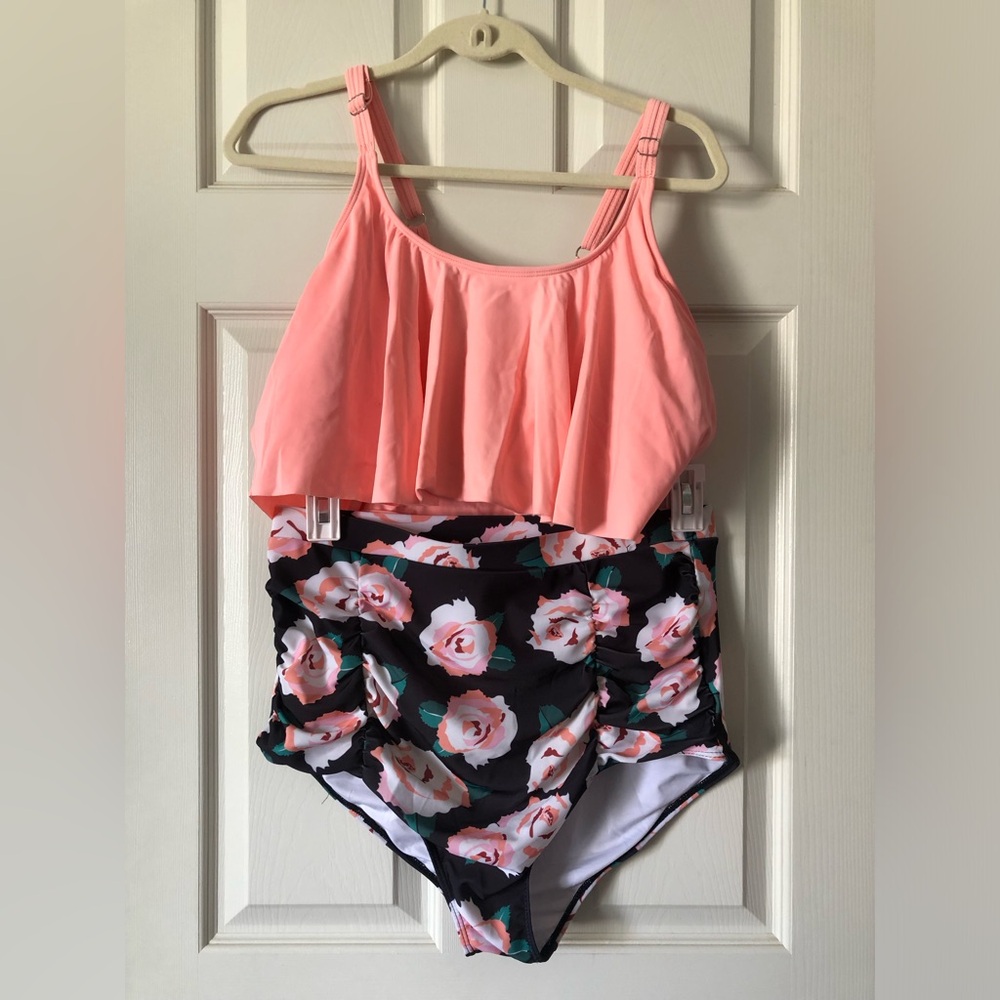 Floral High-Waist Bikini Set in Coral Pink